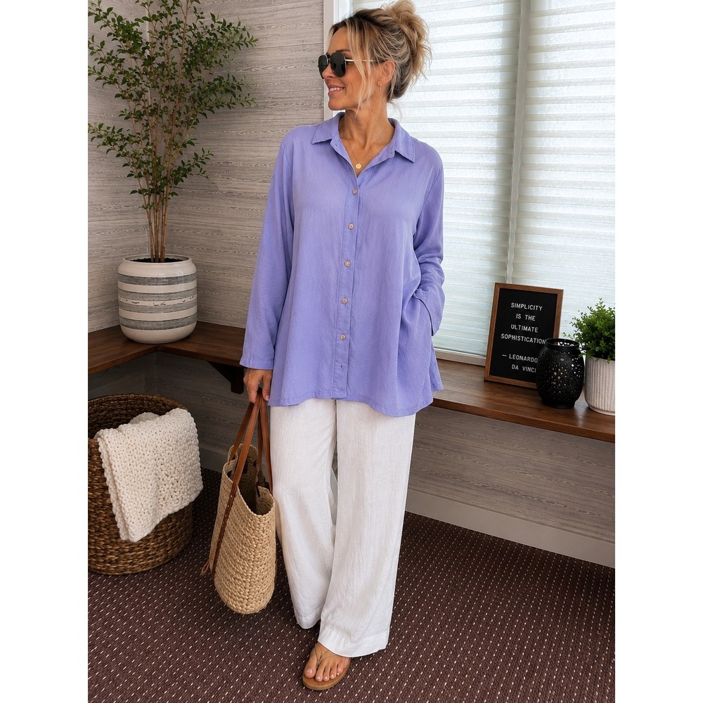 Russ Berens Malibu Purple Tencel Button Front Tie Back Shirt Large USA